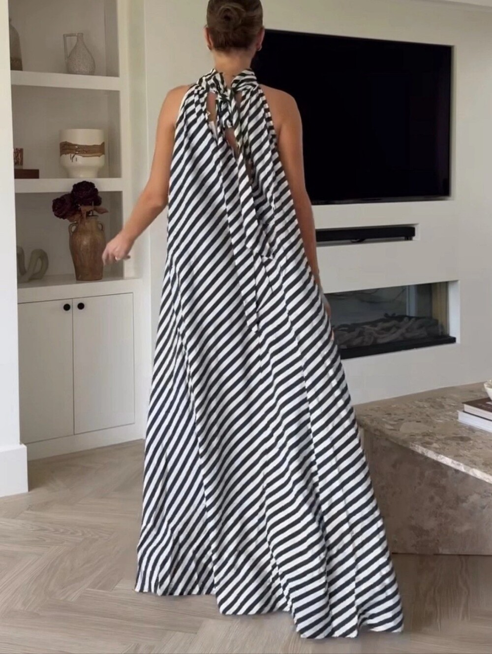 H&M Tie-detail A-line Maxi Dress Navy Blue White Striped Bnwt - Picture 2 of 15